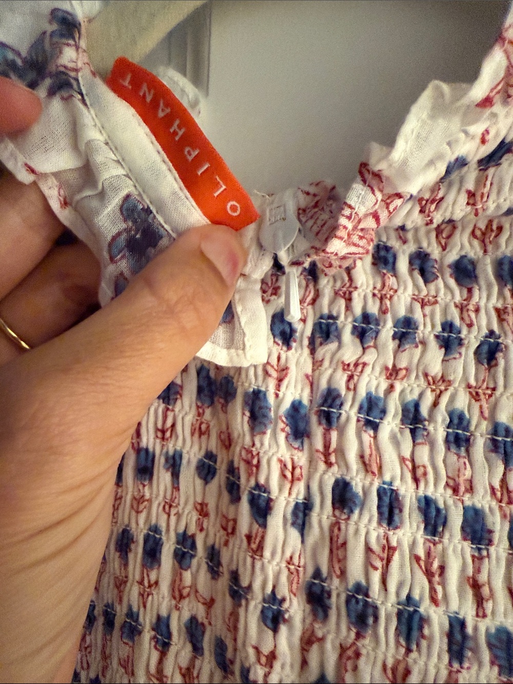 Oliphant White Smocked Bodysuit with Blue and Red Floral Print